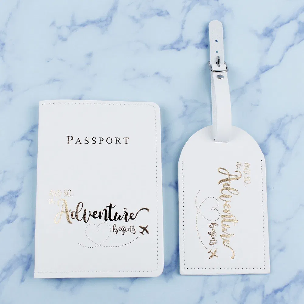 Billetera de viaje para hombres y mujeres, funda de pasaporte de cuero PU con etiqueta de equipaje, soporte de pasaporte y conjunto de etiqueta de equipaje con logo personalizado