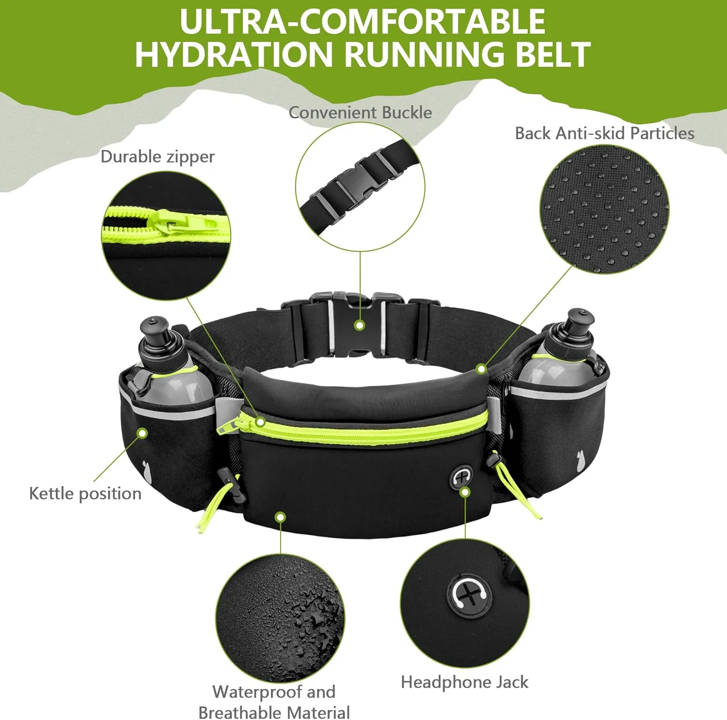 Cinturones de Correr para Mujeres y Hombres con 2 Botellas de Agua - Soporte para Teléfono para Correr Accesorios Impermeables para la Cintura Mochila Fanny Pack Sin Rebote
