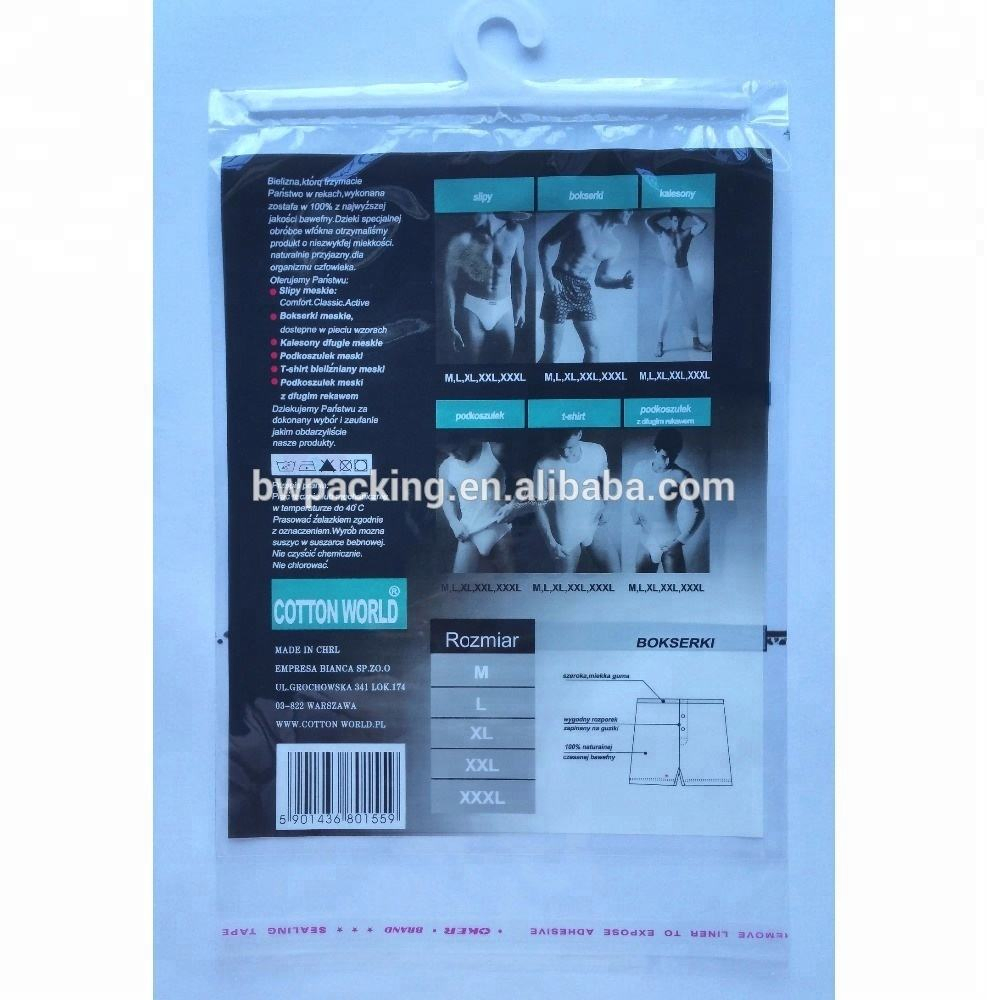 Bolsas de plástico con cremallera de polietileno para empaquetar ropa colgante, ropa interior, con gancho para colgar