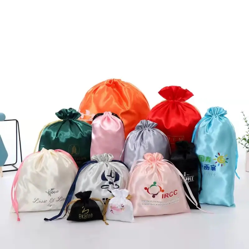 Bolsa de joyería pequeña impresa con logo, bolsa de satén con cordón, bolsa de seda para pelucas, sujetadores, lencería, cosméticos, zapatos