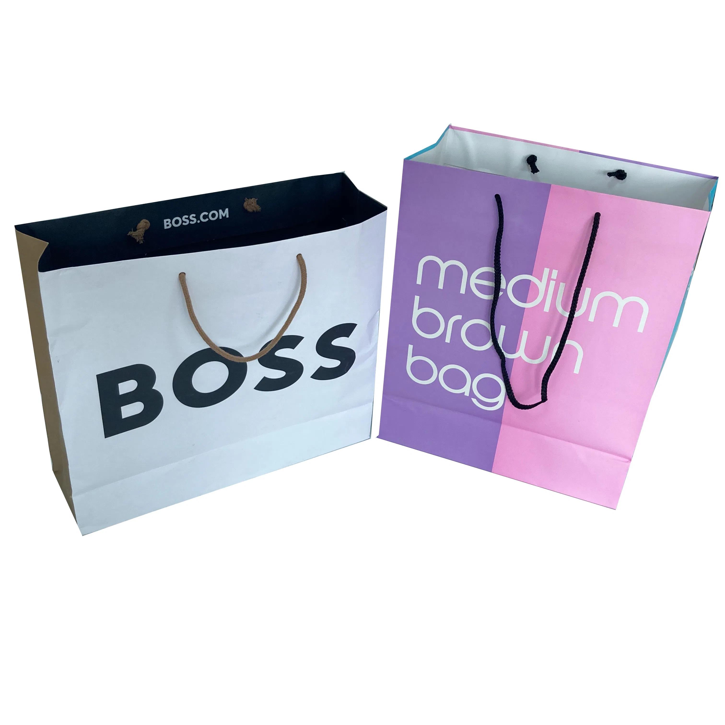 Bolsas de embalaje para regalos de alimentos, zapatos, ropa, prendas, chocolate, bocadillos, papel de cartón kraft marrón con estampado en caliente dorado, personalizado en blanco y negro