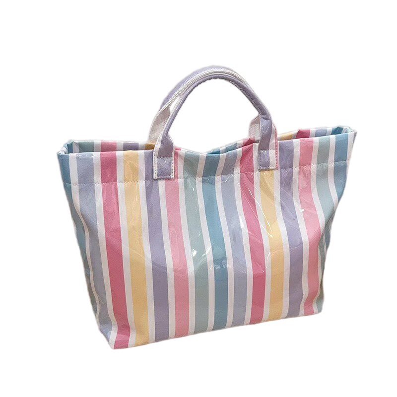 2026 Bolso de playa de PVC impermeable y duradero para dama, bolso de viaje y compras a rayas colorido de verano, bolsa de gran capacidad para llevar a mano o al hombro