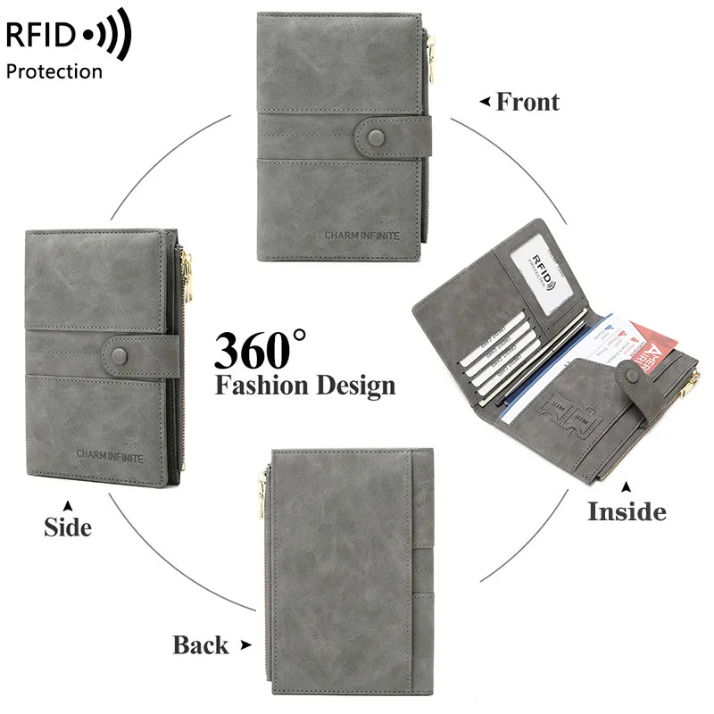 Billetera de viaje bloqueadora de RFID con cremallera, soporte para pasaporte y ranuras para tarjetas
