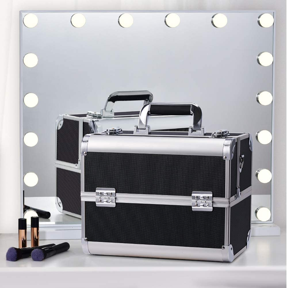 Caja de maquillaje profesional grande de aluminio, organizador de belleza, estuche de tren