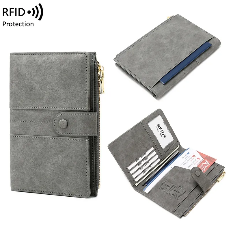 Billetera de viaje bloqueadora de RFID con cremallera, soporte para pasaporte y ranuras para tarjetas