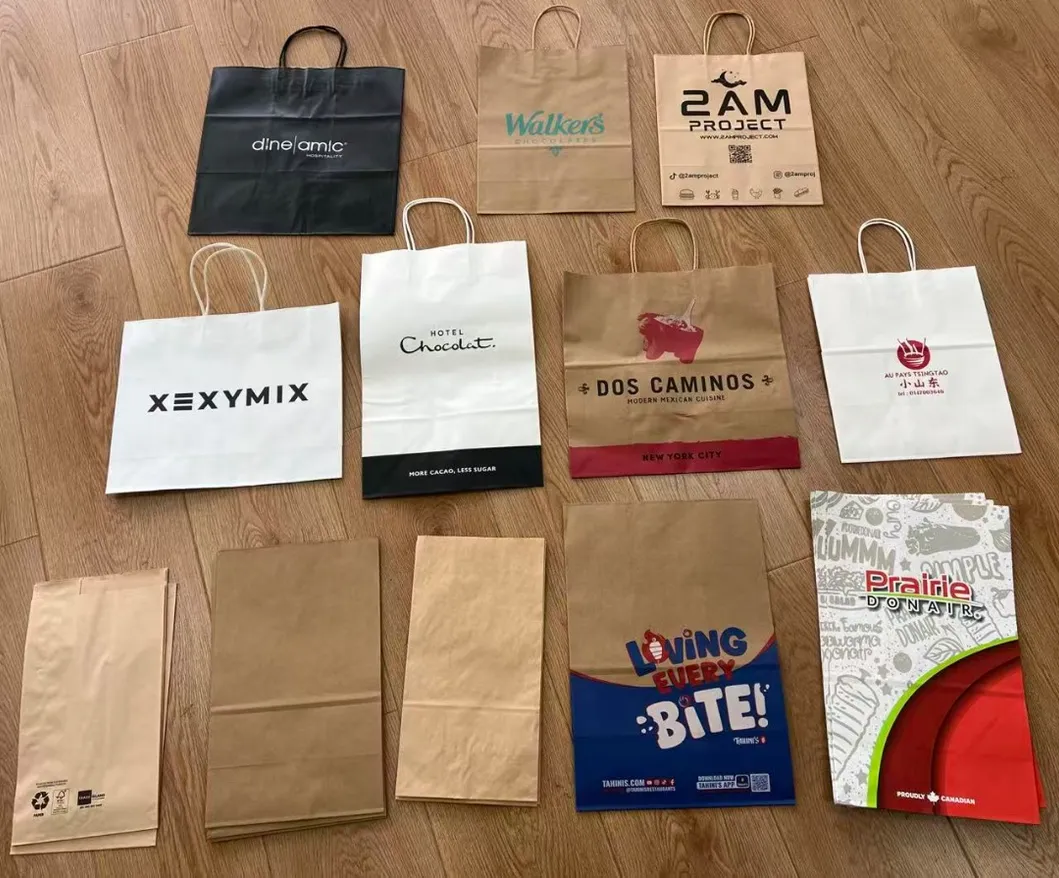 Bolsas de embalaje para regalos de alimentos, zapatos, ropa, prendas, chocolate, bocadillos, papel de cartón kraft marrón con estampado en caliente dorado, personalizado en blanco y negro