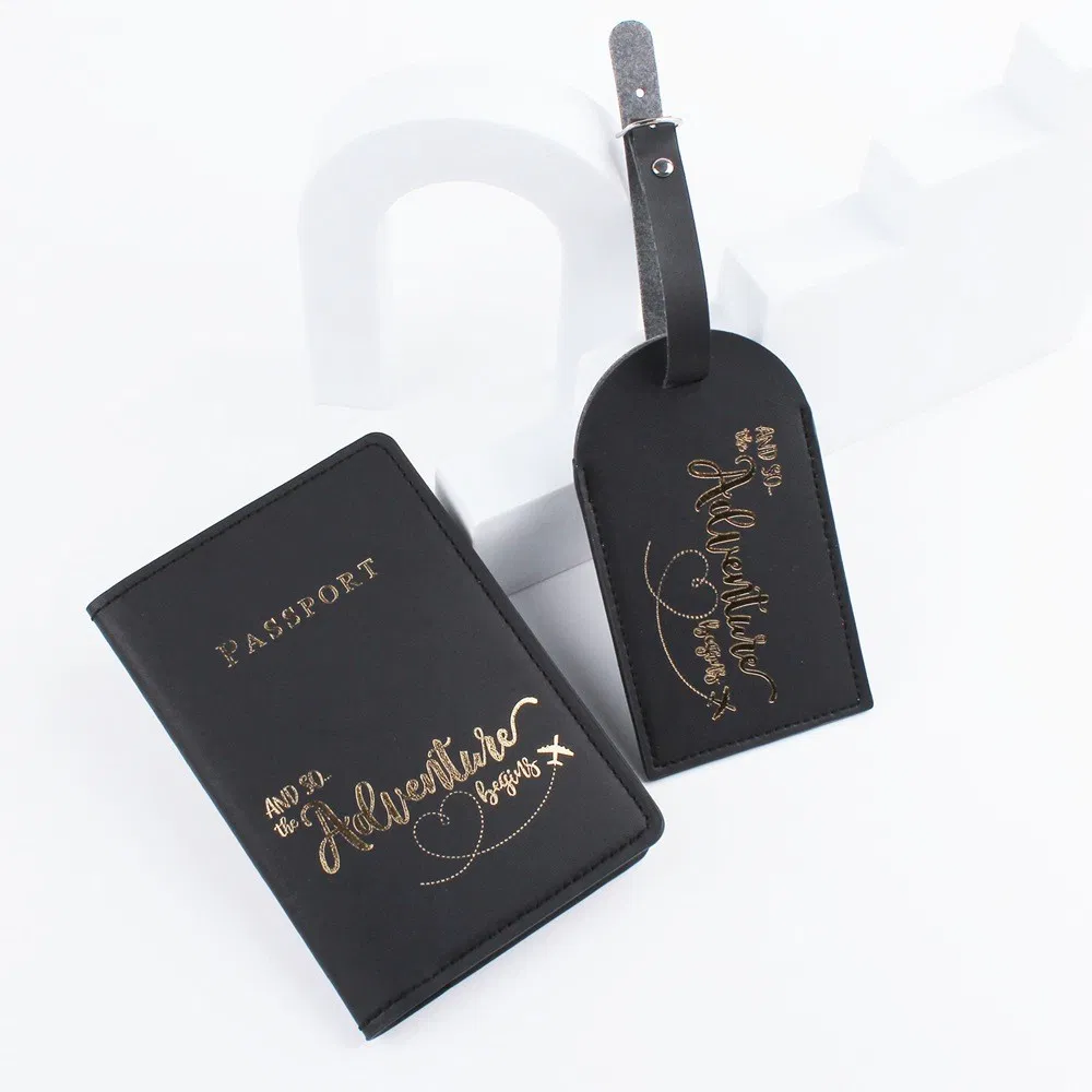 Billetera de viaje para hombres y mujeres, funda de pasaporte de cuero PU con etiqueta de equipaje, soporte de pasaporte y conjunto de etiqueta de equipaje con logo personalizado
