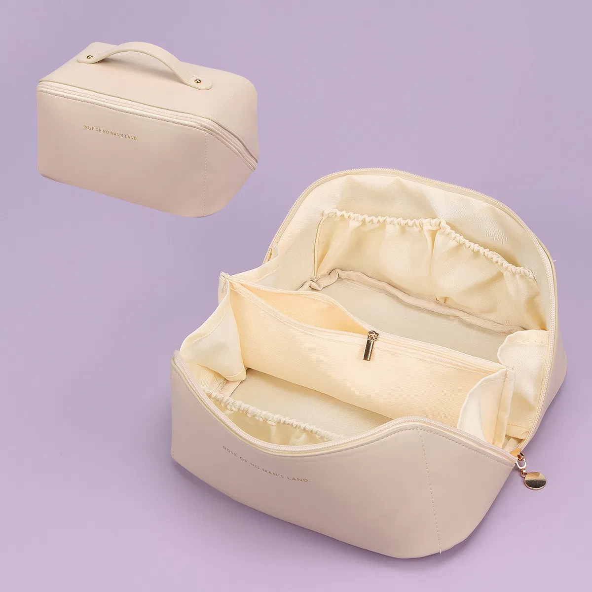 Bolsa de viaje cosmética de gran capacidad, personalizada y portátil, de cuero PU, con particiones para almacenamiento multifuncional y mayor