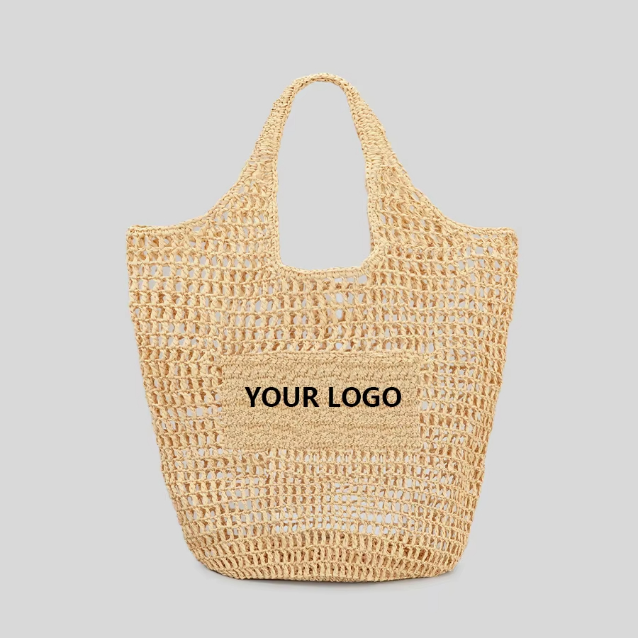 Aceptar bolsas de playa de paja trenzadas a mano de color sólido personalizado y portátil de verano
