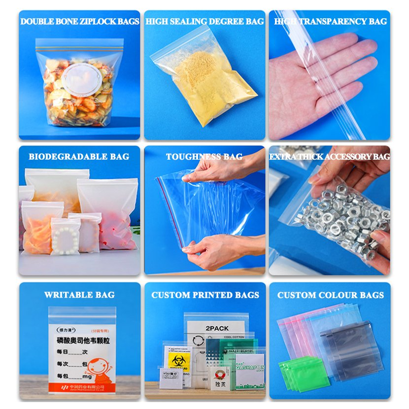100% Bolsa de material de grado alimenticio LDPE HDPE CPE EVA virgen con cremallera y deslizador, empaquetado con cremallera para prendas de vestir, joyería, bolsa con cremallera