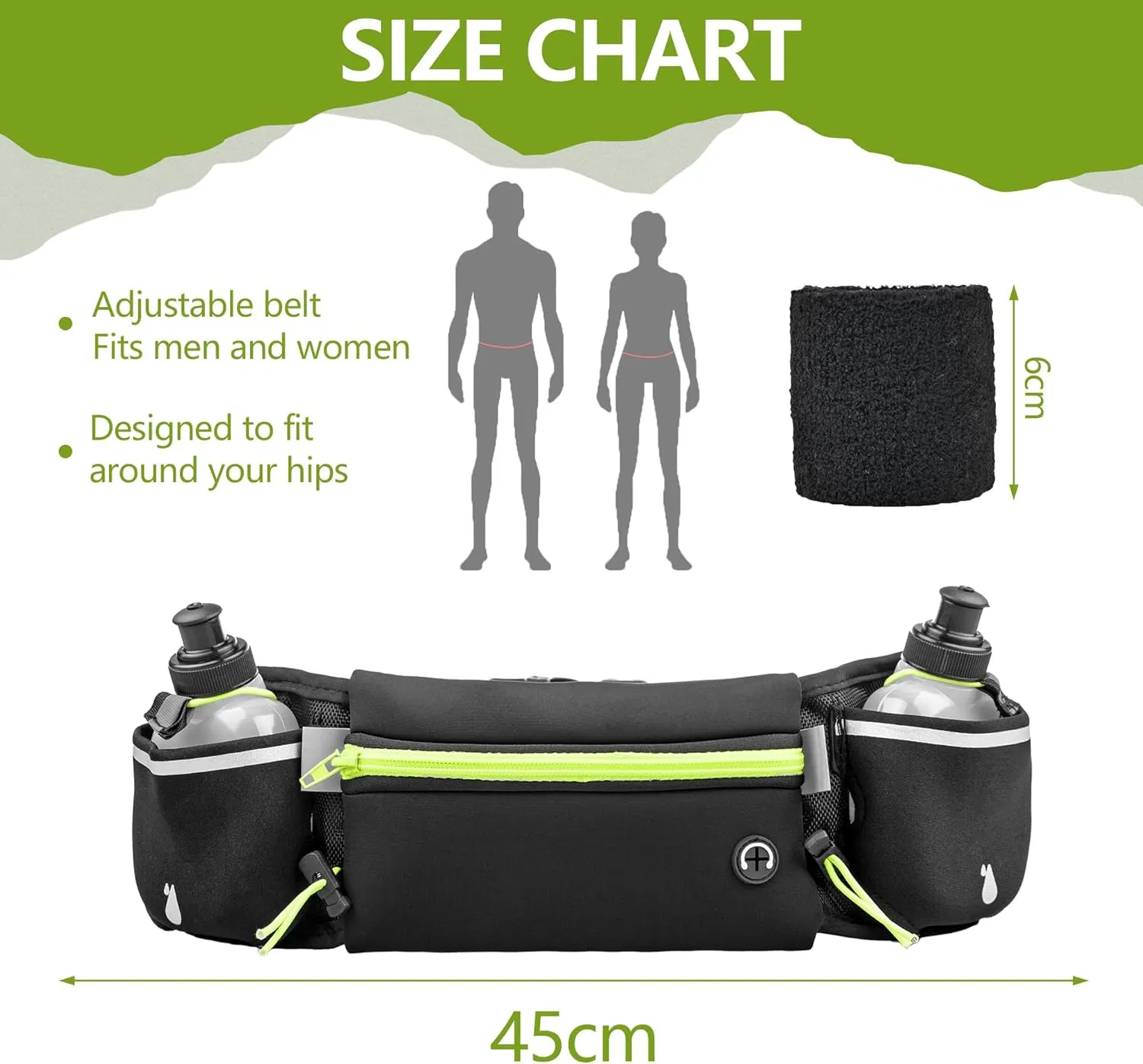 Cinturones de Correr para Mujeres y Hombres con 2 Botellas de Agua - Soporte para Teléfono para Correr Accesorios Impermeables para la Cintura Mochila Fanny Pack Sin Rebote
