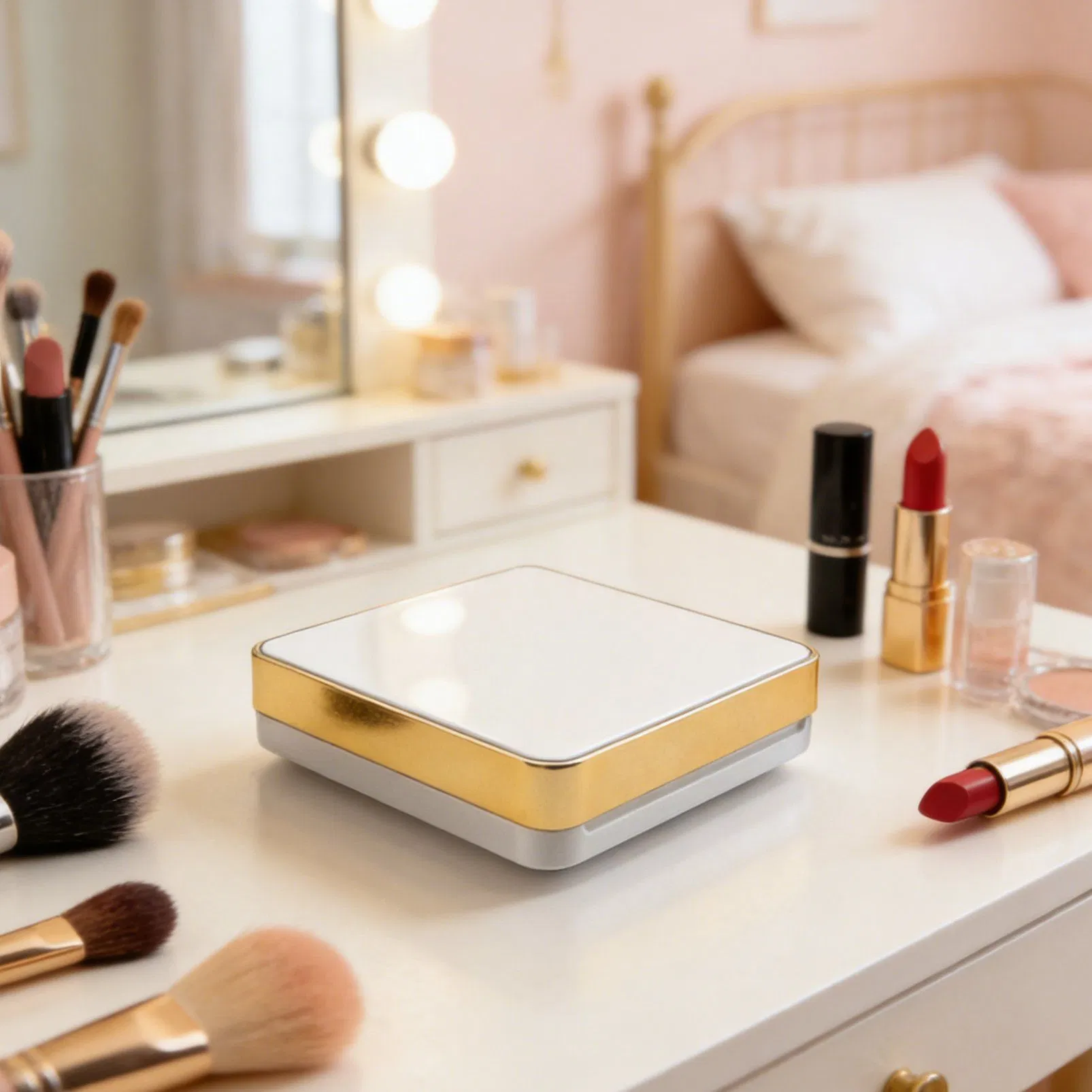 Funda de maquillaje cuadrada de plástico con almohadilla de aire, impresión UV, logo OEM disponible