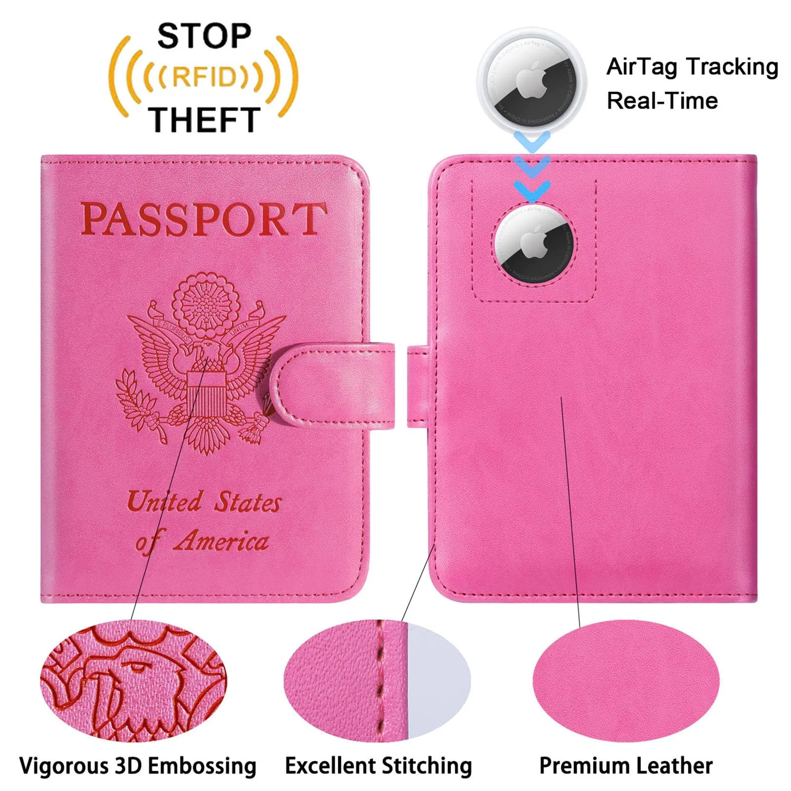 Funda de cuero premium para pasaporte Airtag, estuche protector con blindaje RFID, billetera de pasaporte personalizada