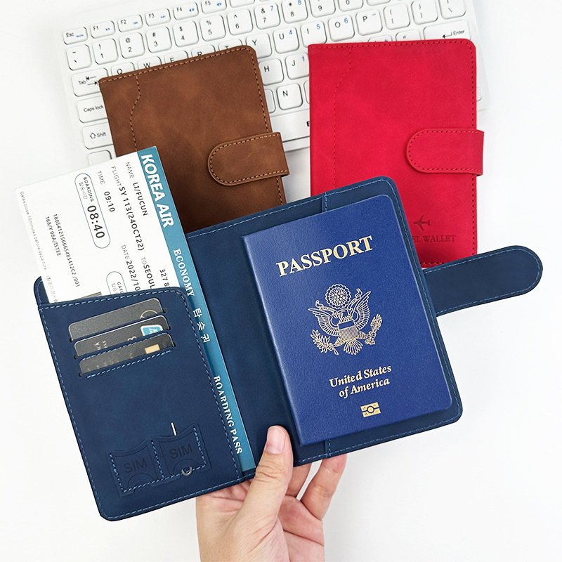 Funda de pasaporte de cuero PU personalizada, billetera de viaje con estuche para tarjetas, ranura para boletos, soporte para pasaporte con bloqueo RFID, bolsa para pasaporte