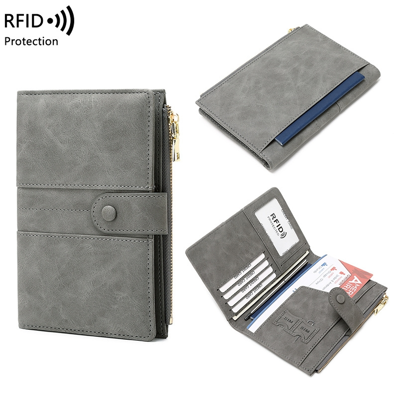 Billetera de viaje bloqueadora de RFID con cremallera, soporte para pasaporte y ranuras para tarjetas