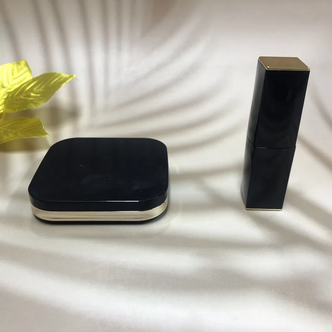 Estuche de polvo compacto cosmético de lujo en azul oscuro para maquillaje con hilo dorado