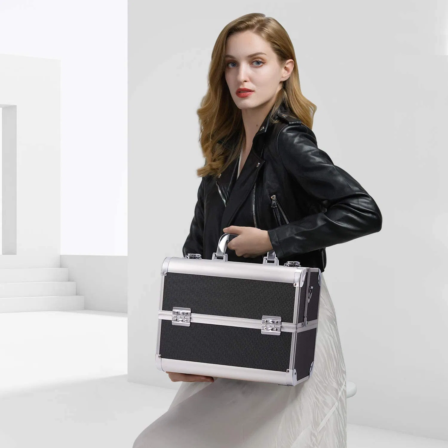 Caja de maquillaje profesional grande de aluminio, organizador de belleza, estuche de tren