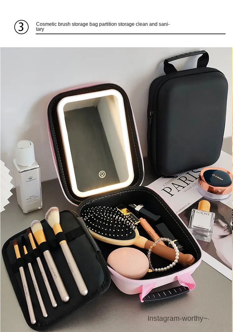 Espejo de maquillaje portátil de gran capacidad con luz LED