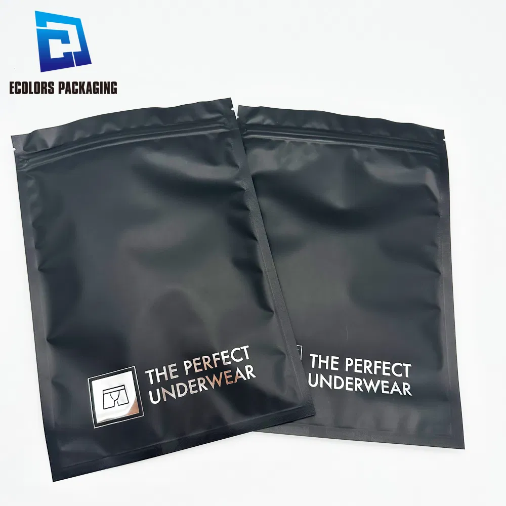 Paquete pequeño a prueba de olores negro Mylar perfecto para ropa interior bolsa plana de foil personalizada empaquetado de ropa bolsas de plástico con cierre zip frosted