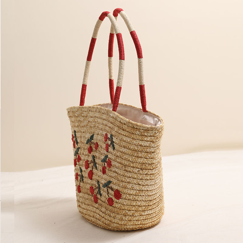 Bolso de paja bordado de cereza para mujeres, bolso de mano tejido de moda, bolso de playa para vacaciones, bolso de hombro