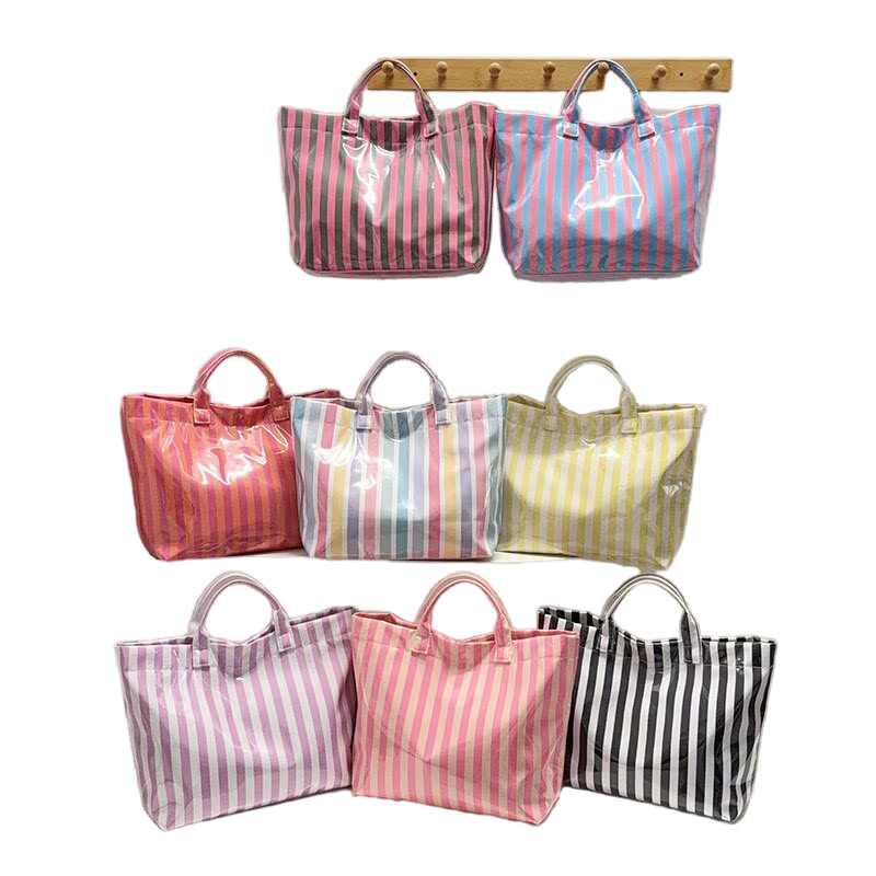 2026 Bolso de playa de PVC impermeable y duradero para dama, bolso de viaje y compras a rayas colorido de verano, bolsa de gran capacidad para llevar a mano o al hombro