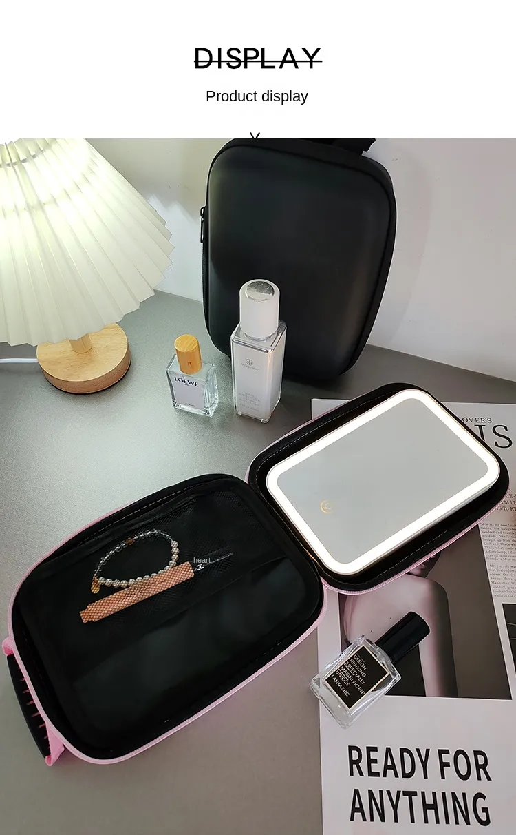 Espejo de maquillaje portátil de gran capacidad con luz LED