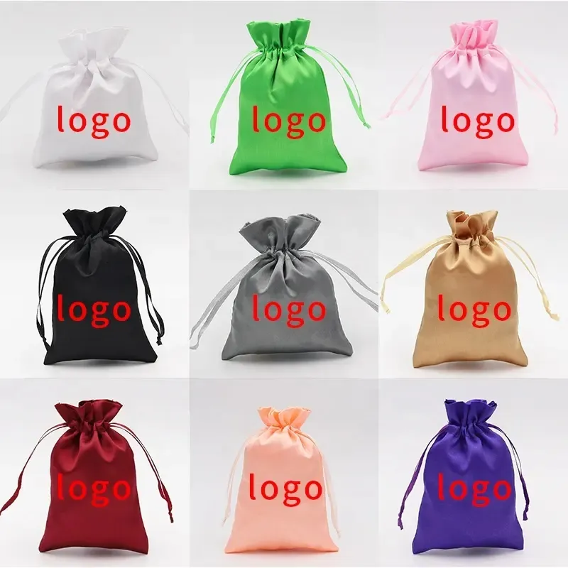 Bolsa de joyería pequeña impresa con logo, bolsa de satén con cordón, bolsa de seda para pelucas, sujetadores, lencería, cosméticos, zapatos