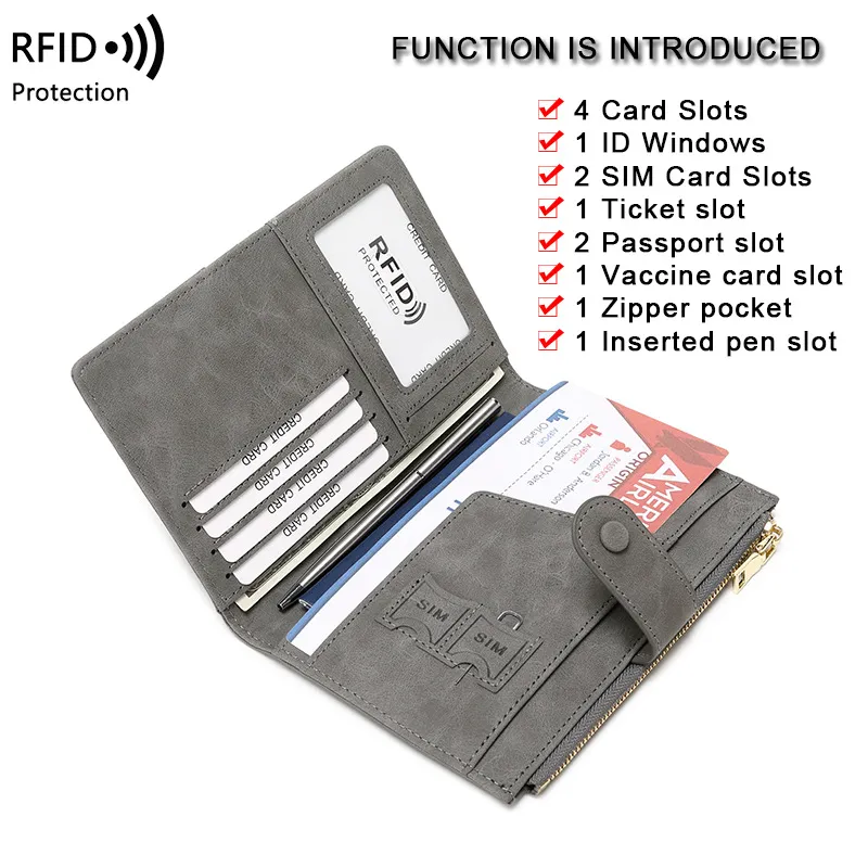 Billetera de viaje bloqueadora de RFID con cremallera, soporte para pasaporte y ranuras para tarjetas