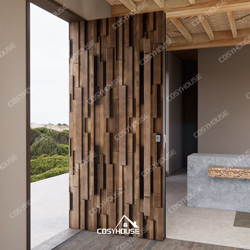 Handcrafted Solid Oak Exterior Door with Decorative Panels and Weather-Resistant Finish for Elegant Homes in Mild Canadian Climates