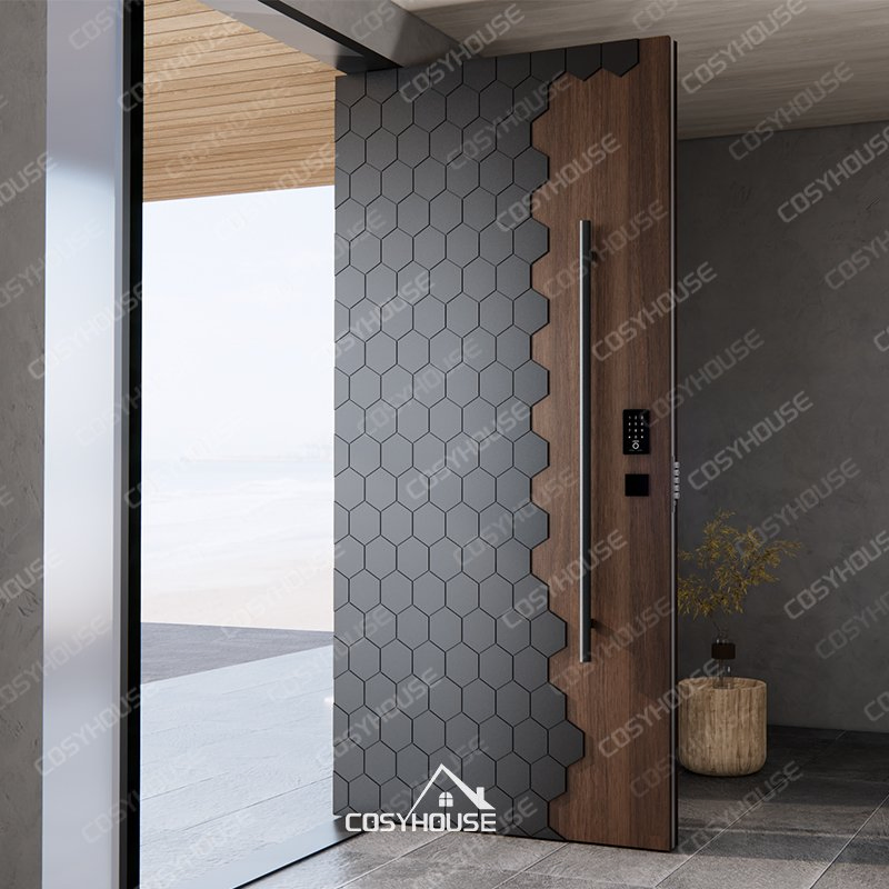 Elegant Cast Aluminum Villa Front Door with Wood-Like Surface for Luxury Home or Resort Entry with Smart Access System