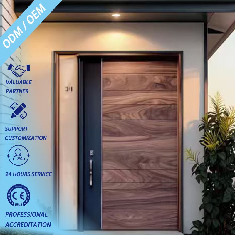 Modern Minimalist Style Aluminum Alloy with Wooden Color Pattern Outdoor Door Use Soundproof Waterproof Weather Resistant Exterior Pivot Entrance Doors