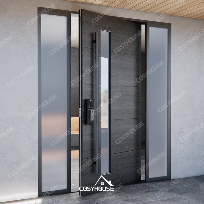 Elegant Cast Aluminum Villa Front Door with Wood-Like Surface for Luxury Home or Resort Entry with Smart Access System