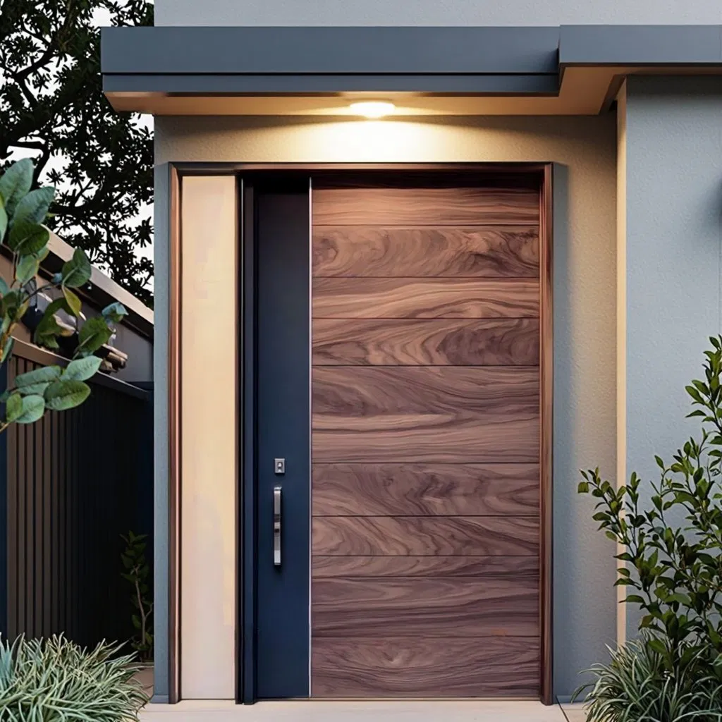 Modern Minimalist Style Aluminum Alloy with Wooden Color Pattern Outdoor Door Use Soundproof Waterproof Weather Resistant Exterior Pivot Entrance Doors