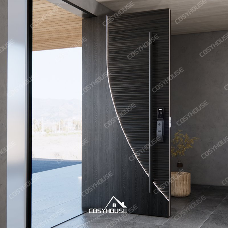 Elegant Cast Aluminum Villa Front Door with Wood-Like Surface for Luxury Home or Resort Entry with Smart Access System