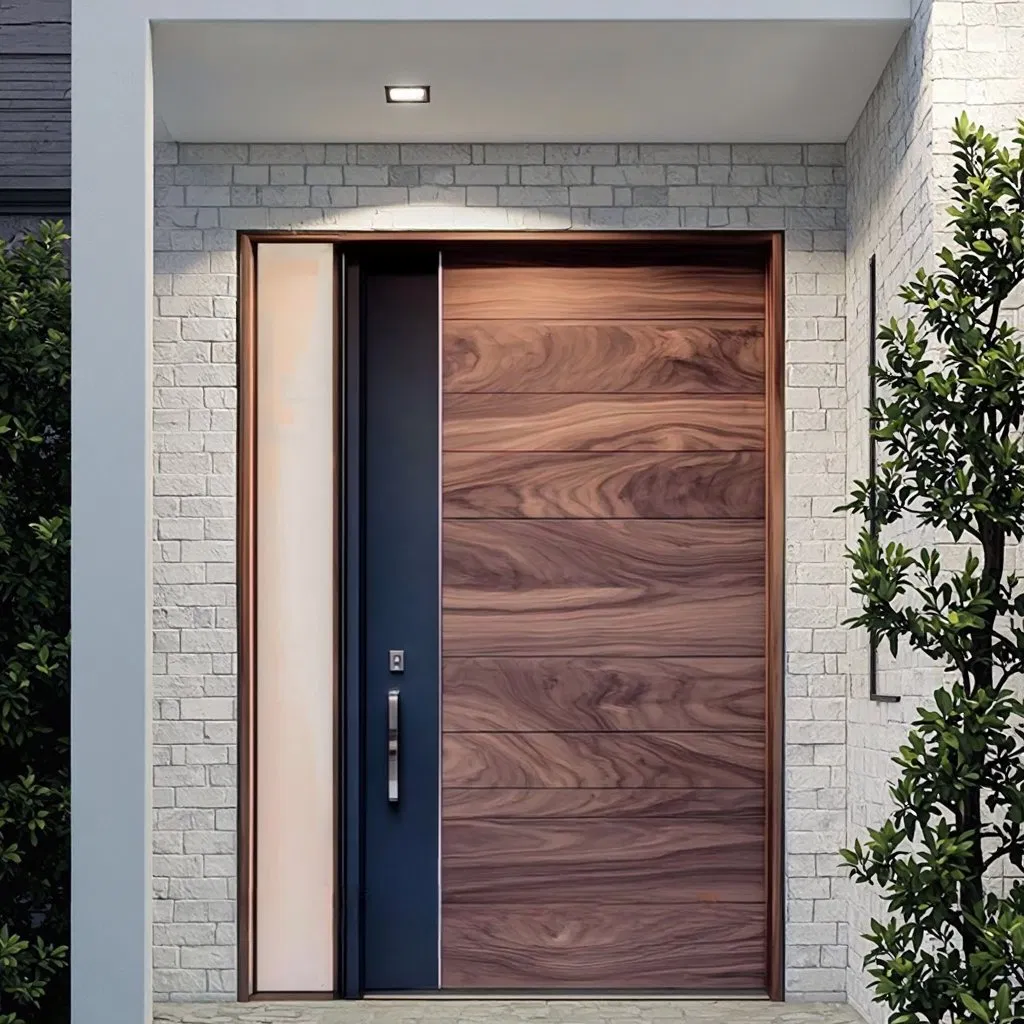 Modern Minimalist Style Aluminum Alloy with Wooden Color Pattern Outdoor Door Use Soundproof Waterproof Weather Resistant Exterior Pivot Entrance Doors