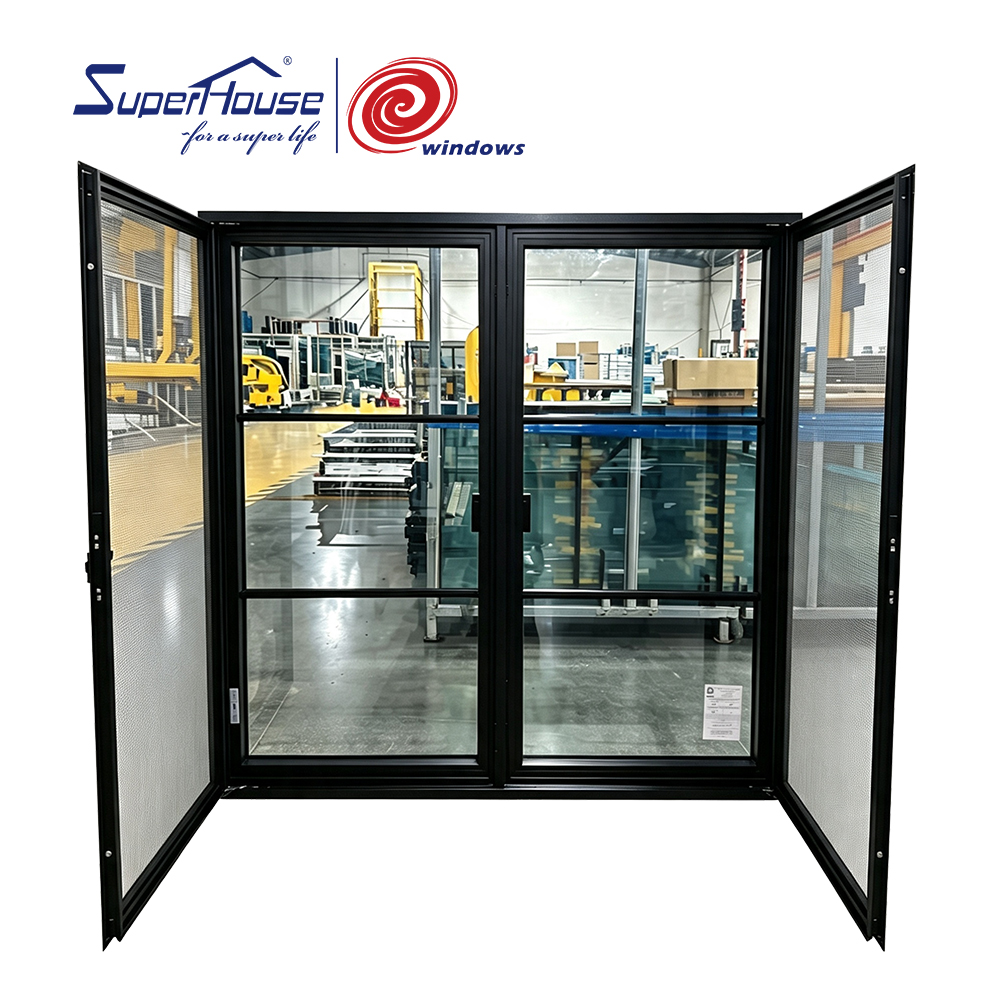 Aluminum Double Casement Window With Screens and Grilles Thermal Break Large Height Residential Casement Windows New design