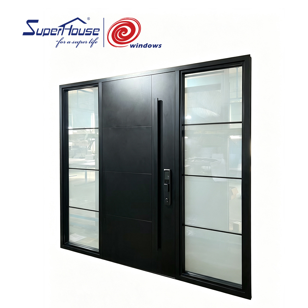 Security Modern Fancy Aluminum Graphic Design Entry Door with Frosted  Impact Glass Sidelites and Smart Lock for Luxury Villa