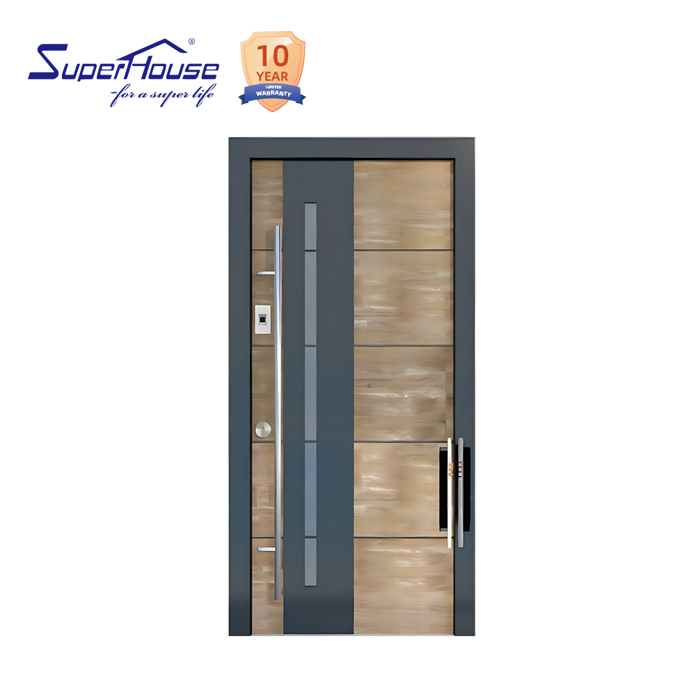 High-end customized Grey Black Wood color Front Entry Hinged Pivot door with sidelights frosted tempered glass & smart lock