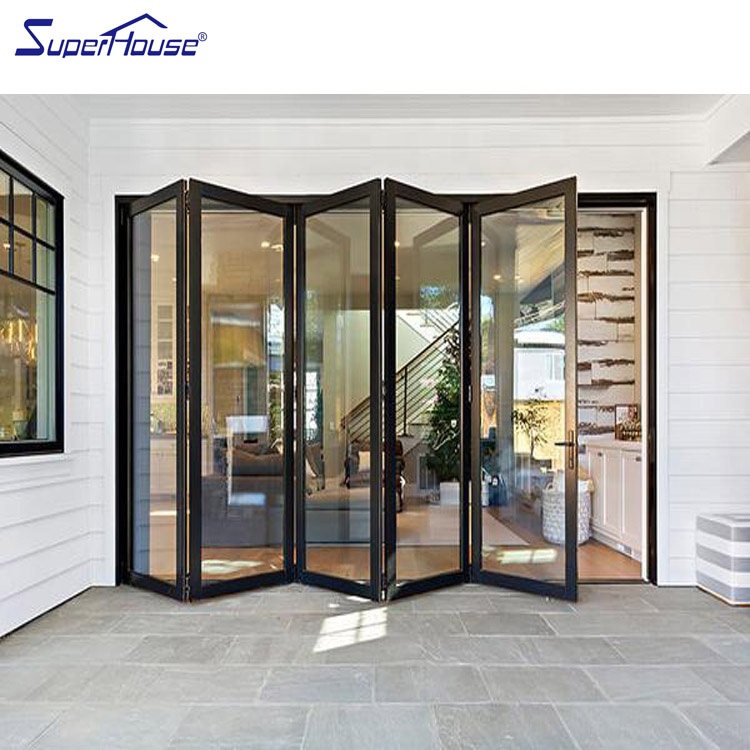 Commercial Exterior Hurricane Resistant Aluminum Bi-Folding Door Windproof Laminated Safety Glazing with Retractable Fly Screen