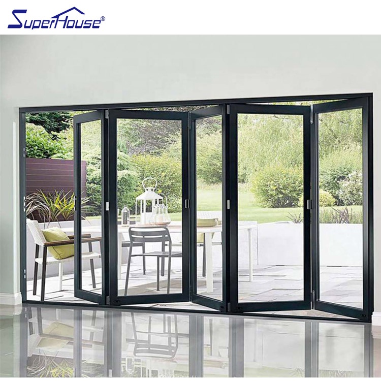 Commercial Exterior Hurricane Resistant Aluminum Bi-Folding Door Windproof Laminated Safety Glazing with Retractable Fly Screen
