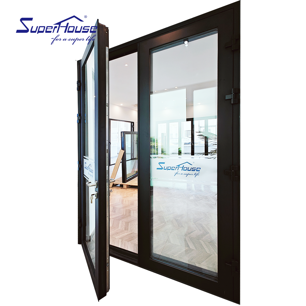Windproof Exterior Thermal Break Double Swing Hinged Glass Doors Aluminum Casement French Doors