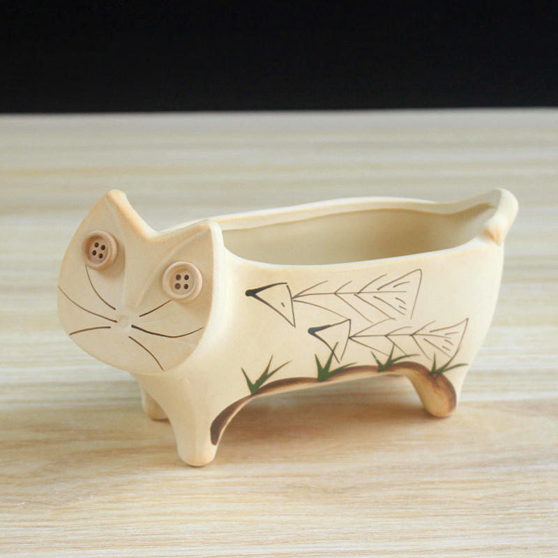 20cm 8inch Ceramic Planter Rough Pottery White Cat Succulent Vase Animal Shape Garden Pot Bonsai