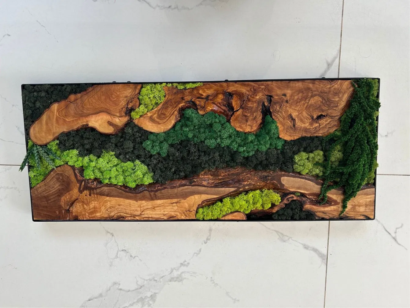 Custom Made Moss and Olive Wood Wall Art Handmade Gift Metal Frame Moss Wall Decor Olive Wood and Moss Wall Art The New Homeowner