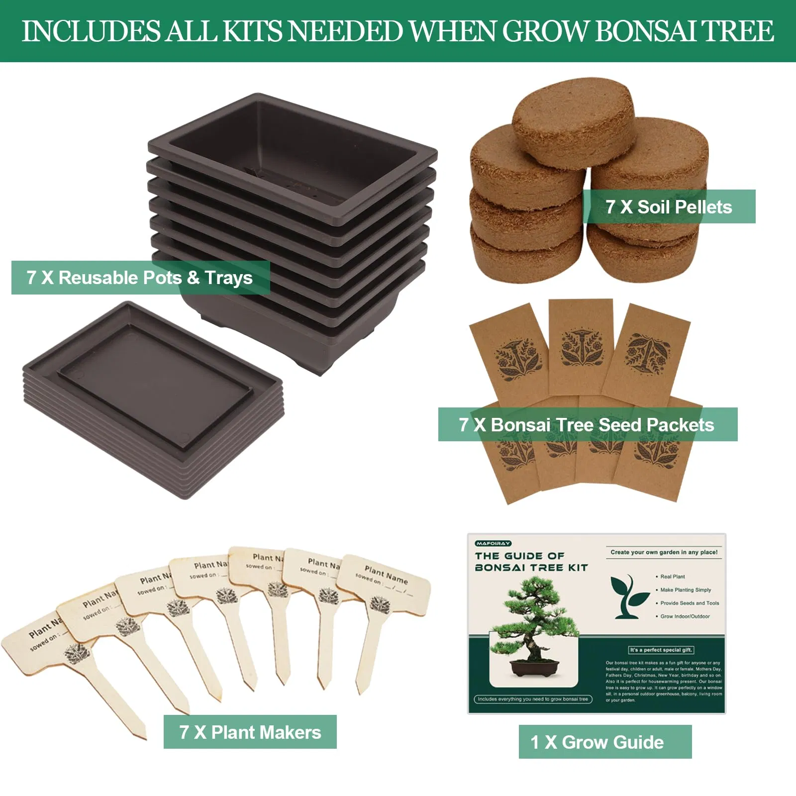 Bonsai Starter Tree Kits with Bonsai Pots Tools Bonsai Tree Live 7 Kinds of Bonsai Tree Seeds Soil Trays Grow Bonsai in Indoor Beginners Kits Garden Plant Kits
