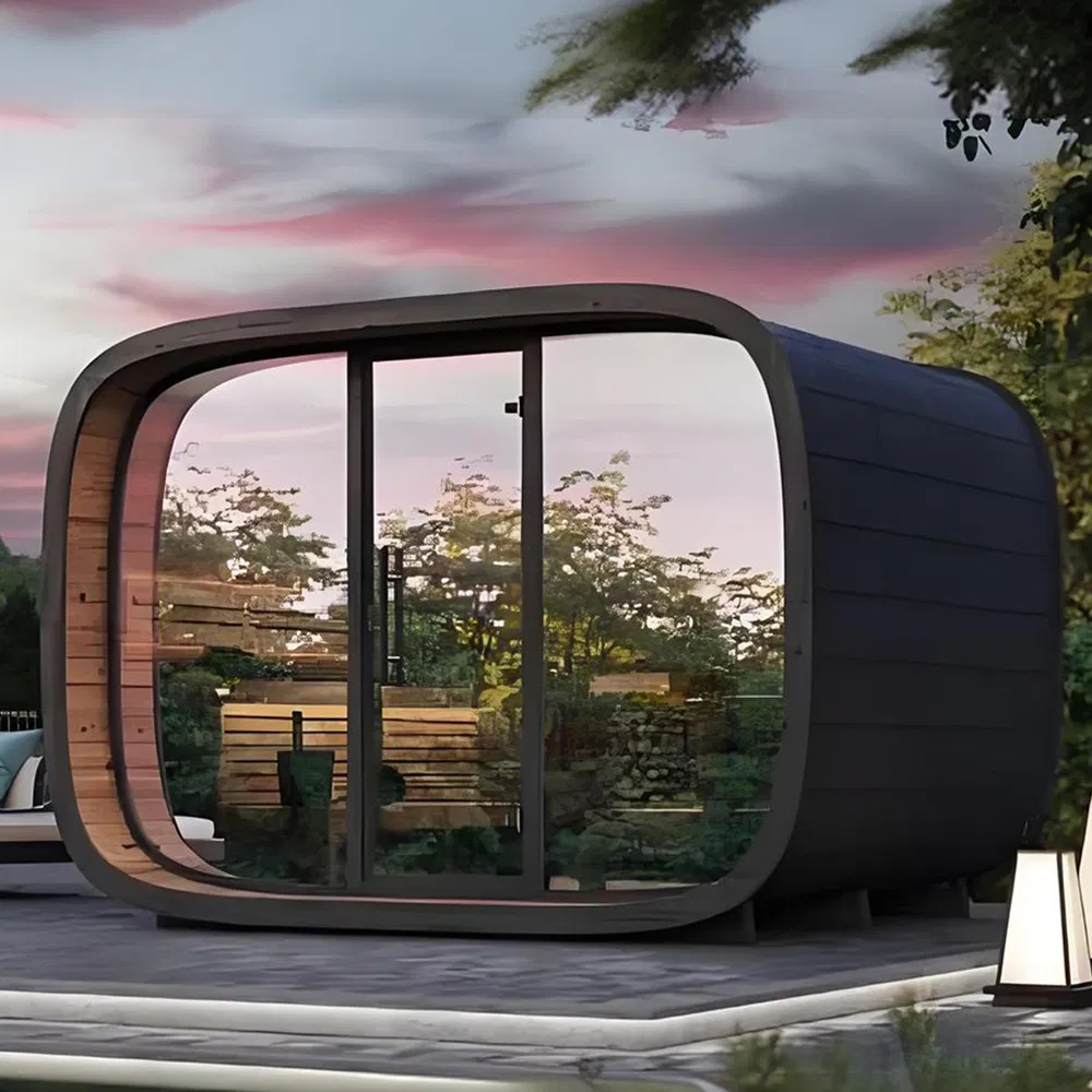 Compact Space-Saving Cube Outdoor Sauna Room Ideal for Urban Rooftop Patio Settings