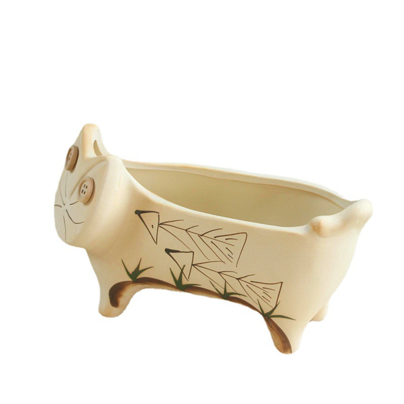 20cm 8inch Ceramic Planter Rough Pottery White Cat Succulent Vase Animal Shape Garden Pot Bonsai