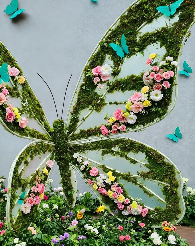 Artificial Greenery Art Installation with Fluttering Butterflies