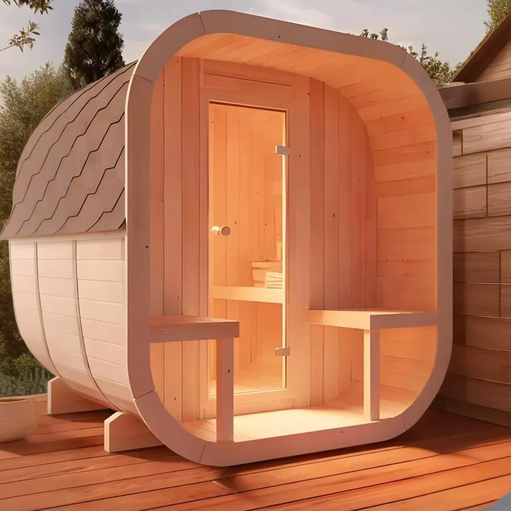 Compact Space-Saving Cube Outdoor Sauna Room Ideal for Urban Rooftop Patio Settings