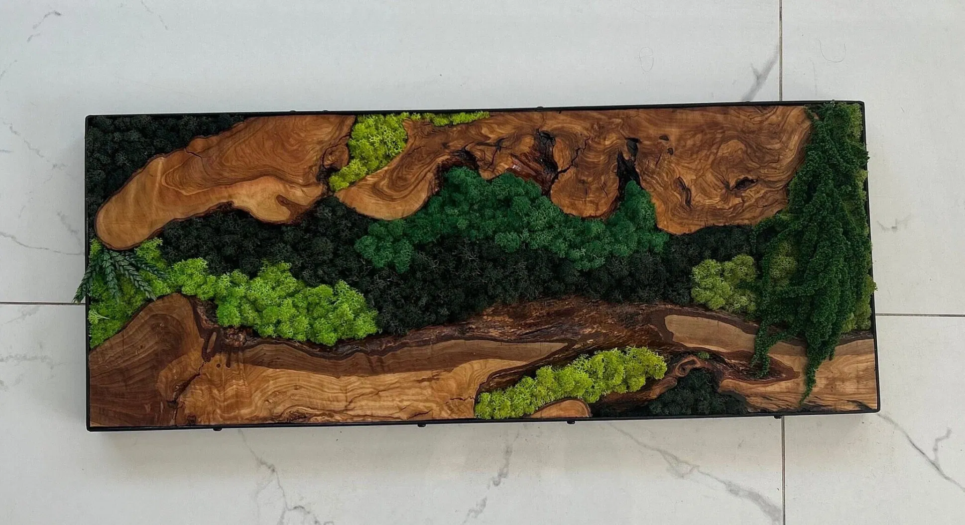 Custom Made Moss and Olive Wood Wall Art Handmade Gift Metal Frame Moss Wall Decor Olive Wood and Moss Wall Art The New Homeowner