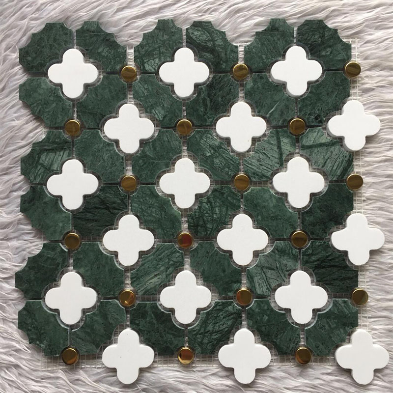 Waterjet Marble Flower Indian Green Mix White Brass Matel Dots Inlay Mosaic